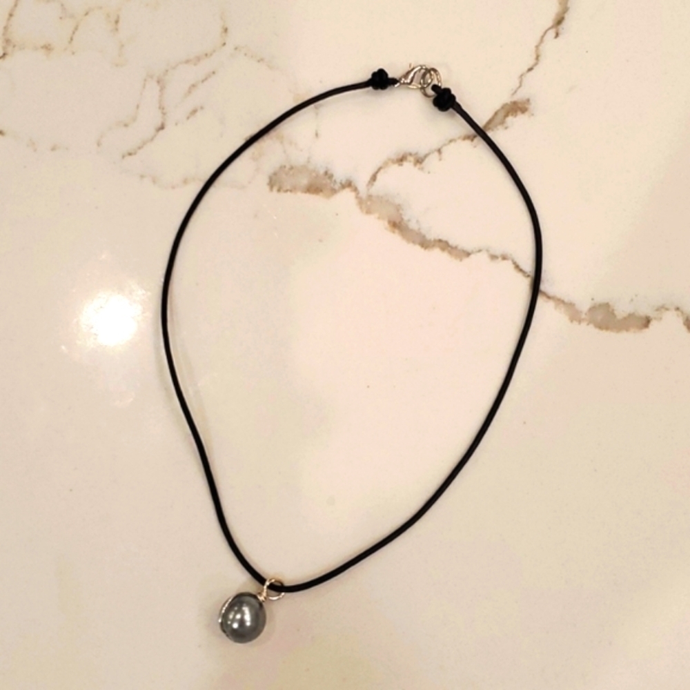 Black Rope Chain Necklace with Gray Pearl Ball Pendant | Modern Goth Style
